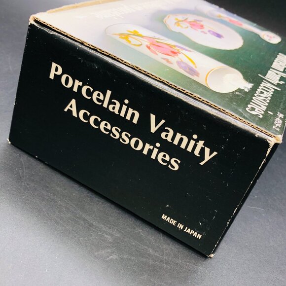 80s Floral Porcelain Vanity Accessory SET - toothbrush holder/soap dish/cup- NOS - Picture 7 of 11